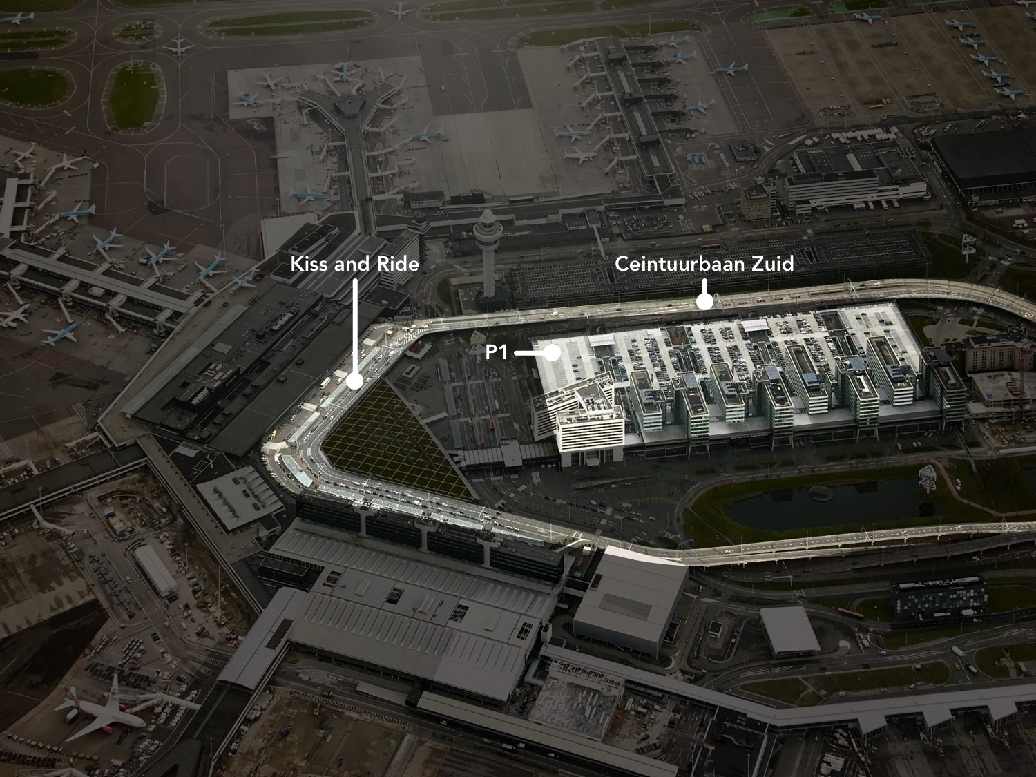 Aerial view of Kiss and Ride and Ceintuurbaan Zuid at Schiphol